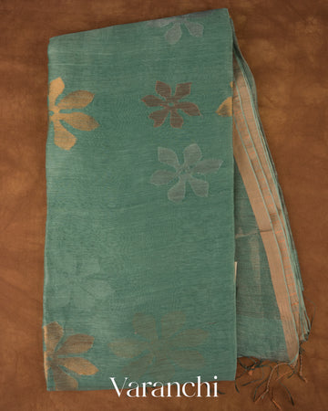 Teal Jamdani Pure Silk Linen Handloom Saree