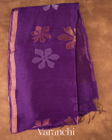 Purple Jamdani Pure Silk Linen Handloom Saree