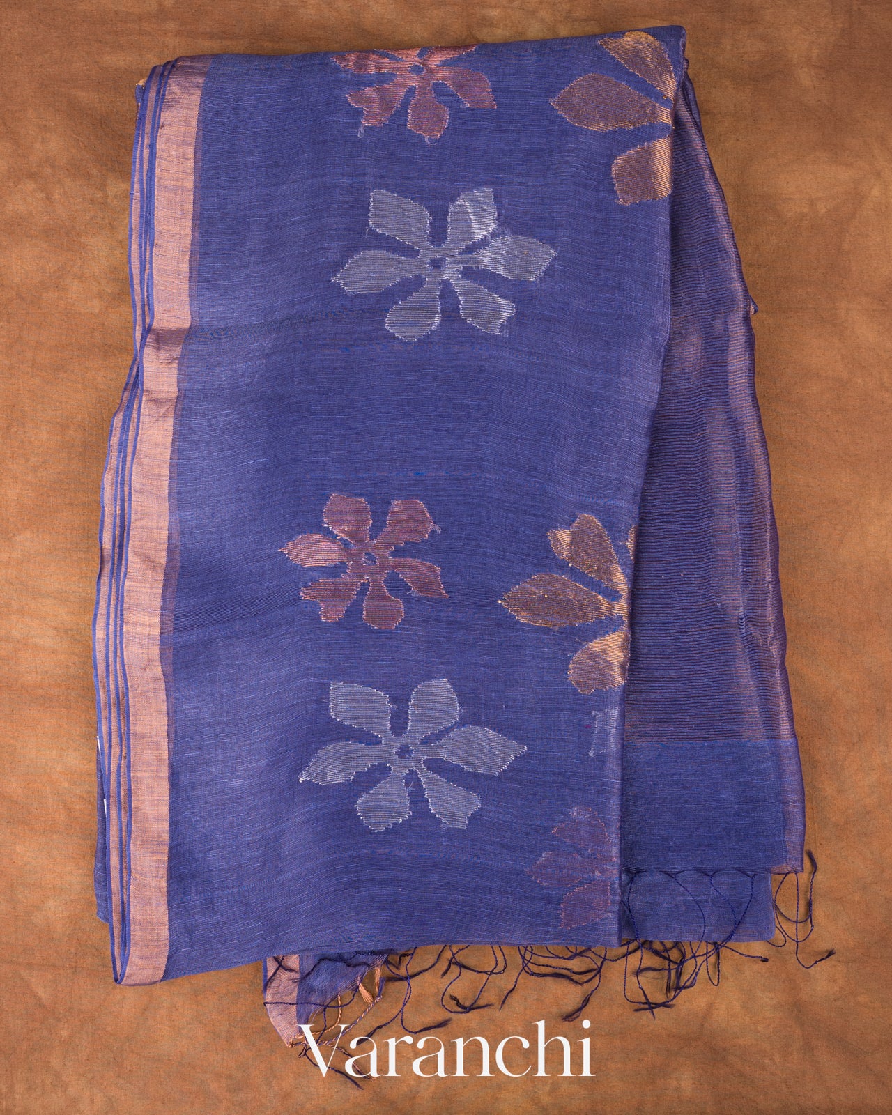 Royal Blue Jamdani Pure Silk Linen Handloom Saree