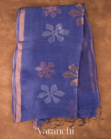 Royal Blue Jamdani Pure Silk Linen Handloom Saree