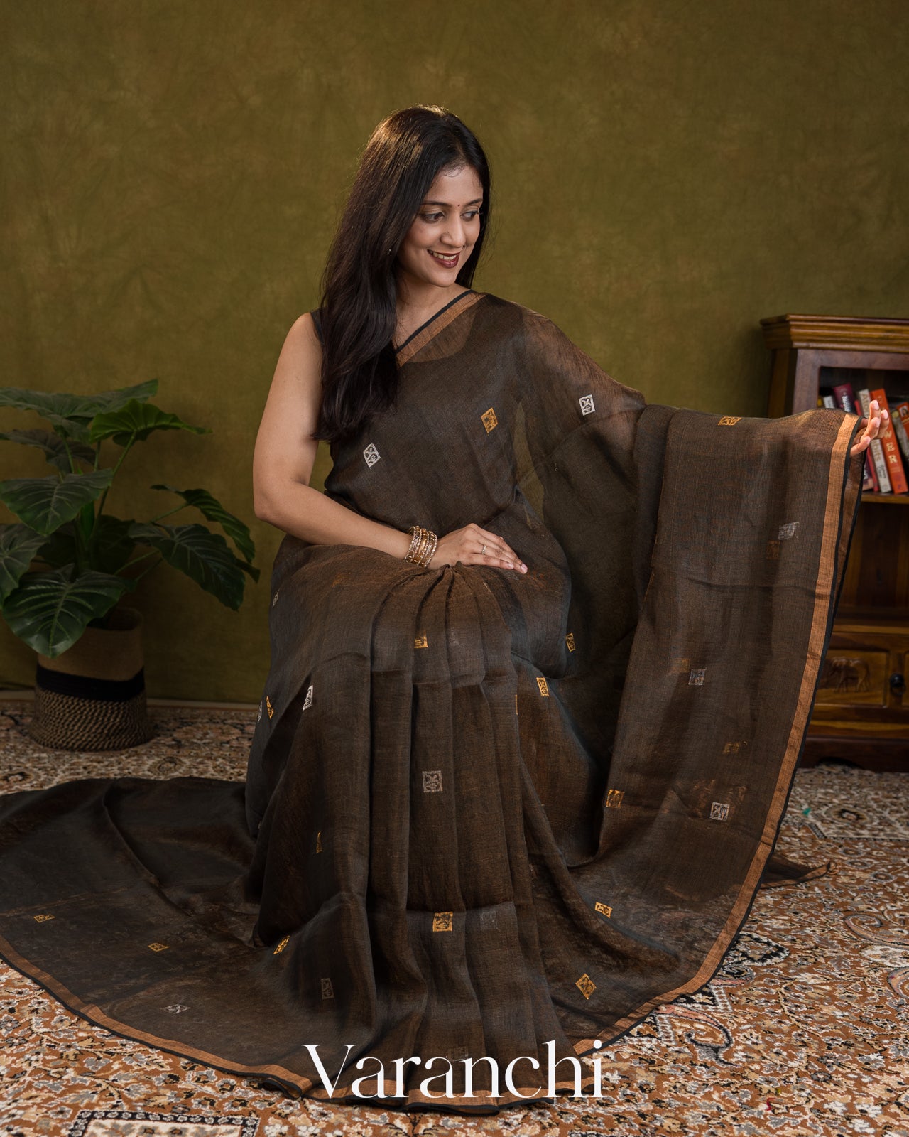 Jet Black Jamdani Pure Silk Linen Handloom Saree