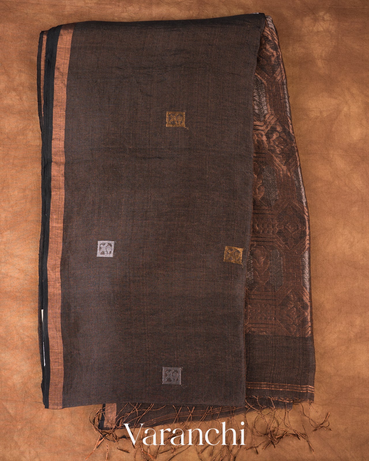 Jet Black Jamdani Pure Silk Linen Handloom Saree