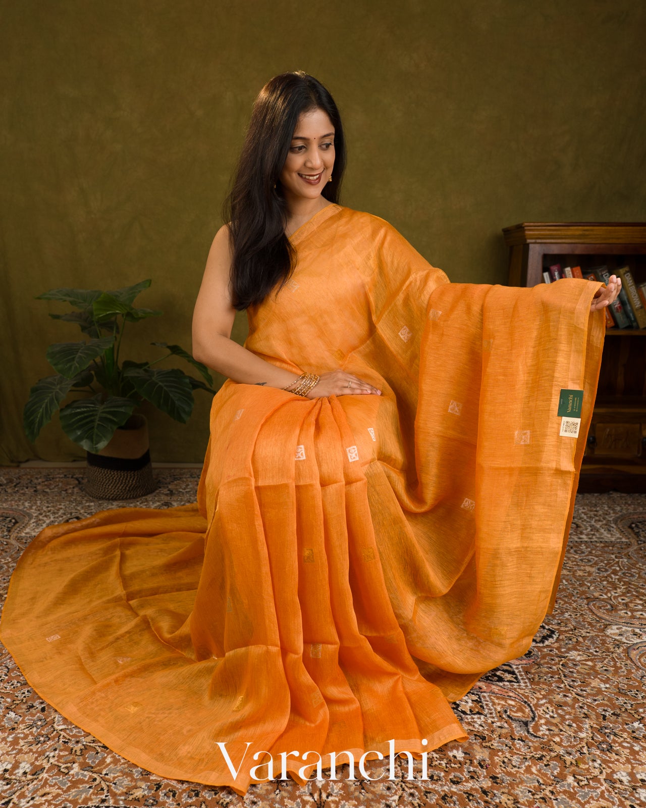 Marigold Orange Jamdani Pure Silk Linen Handloom Saree