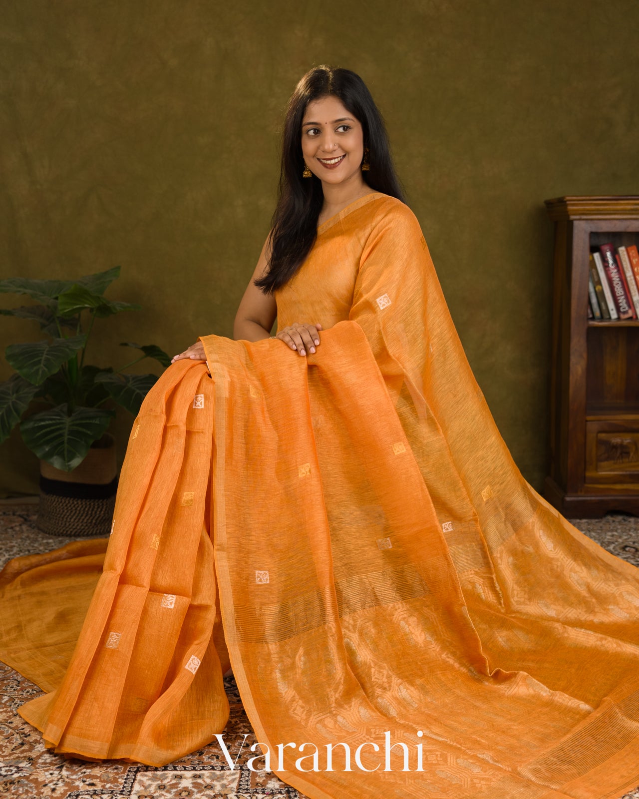 Marigold Orange Jamdani Pure Silk Linen Handloom Saree