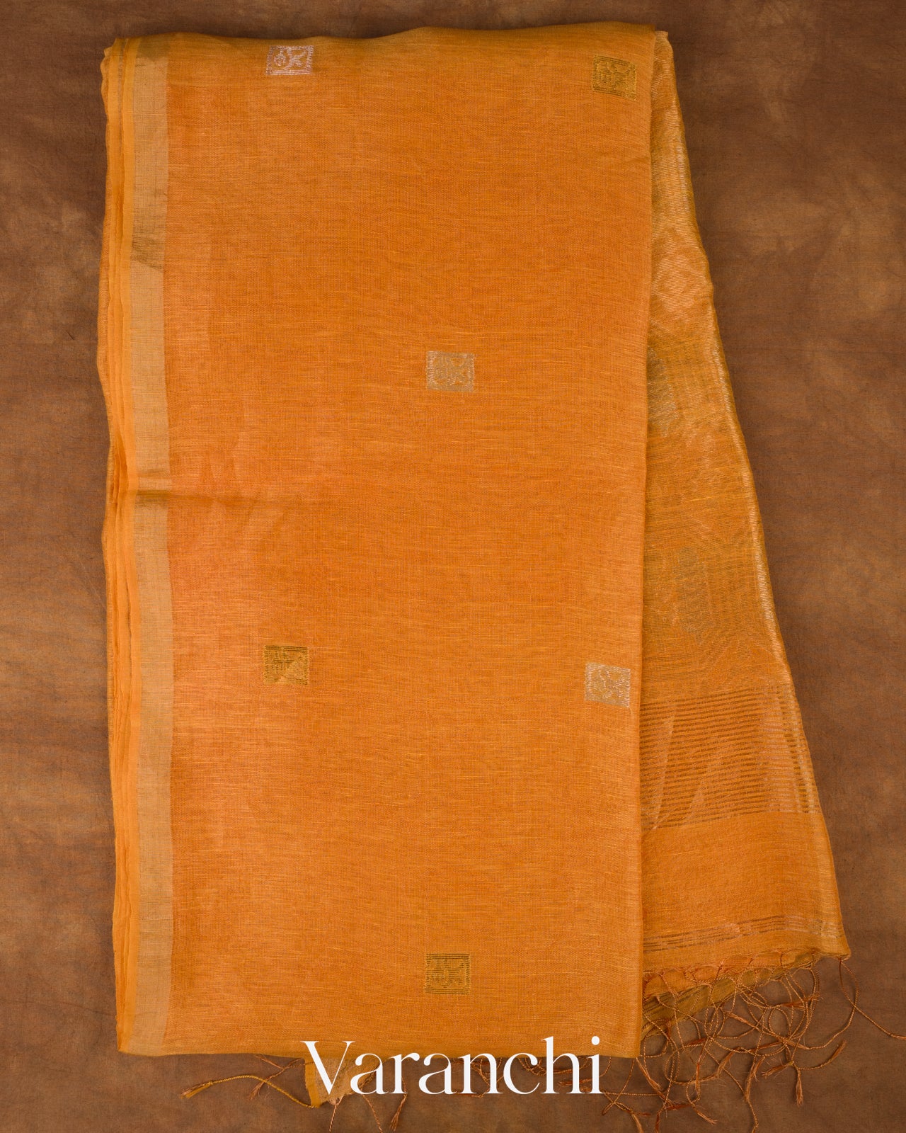 Marigold Orange Jamdani Pure Silk Linen Handloom Saree