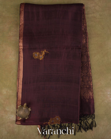 Wine Brown Pure Mulberry Silk Handloom Saree