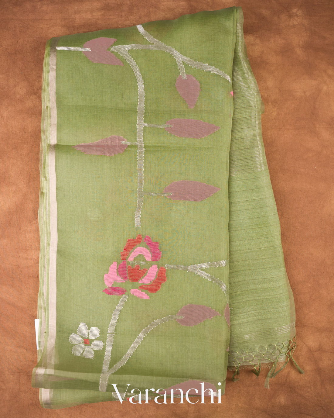 Sage Green Floral Jamdani Pure Muslin Silk Handloom Saree