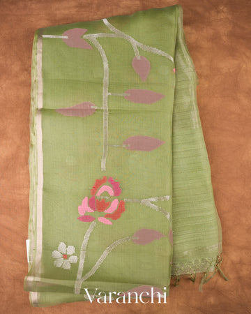 Sage Green Floral Jamdani Pure Muslin Silk Handloom Saree