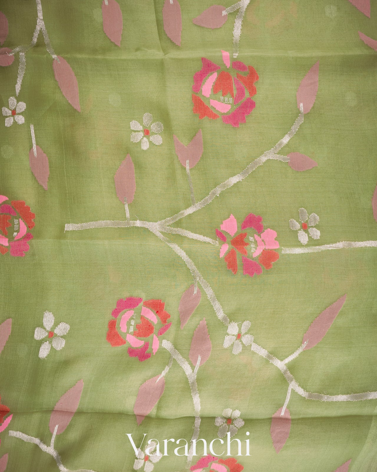 Sage Green Floral Jamdani Pure Muslin Silk Handloom Saree