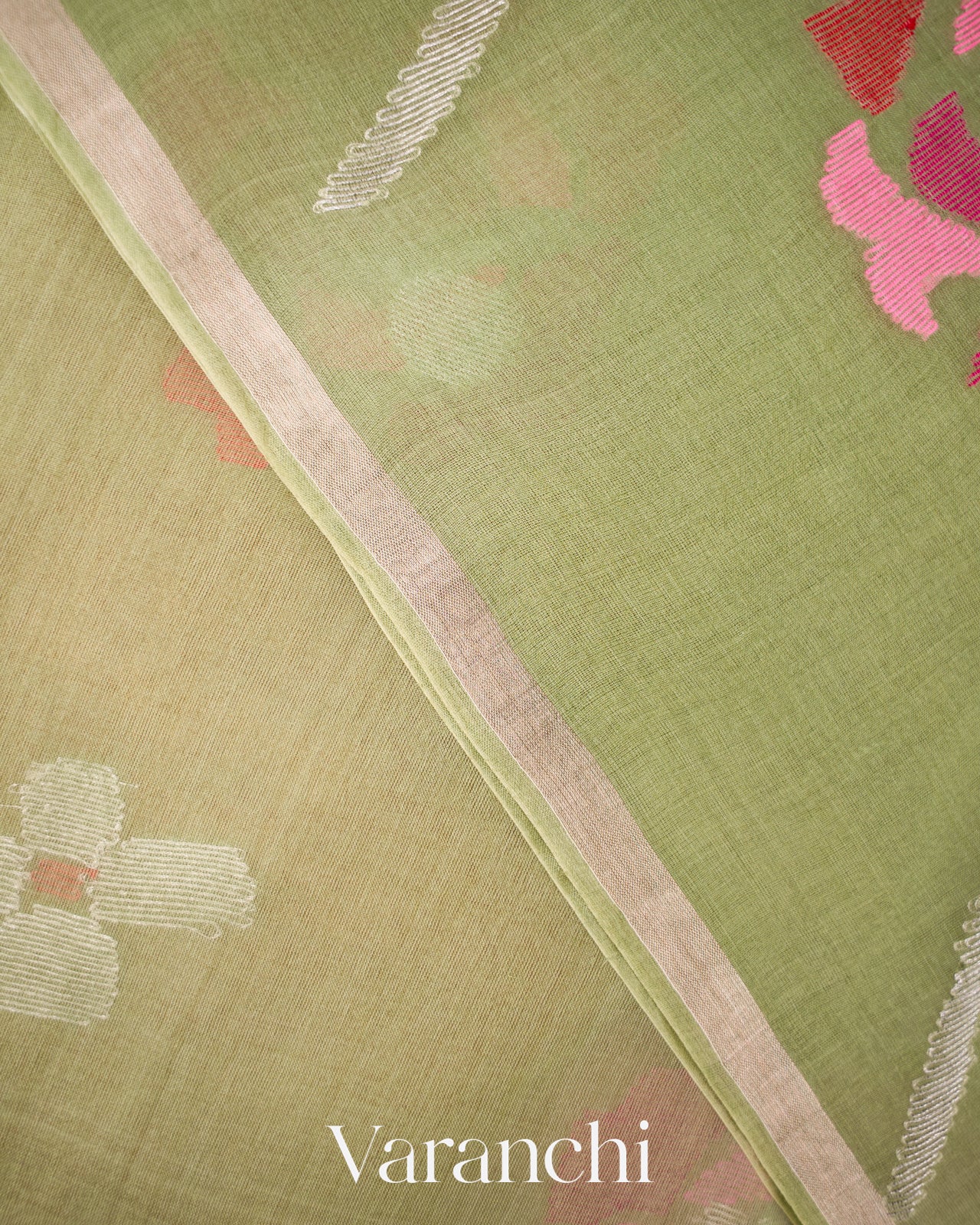 Sage Green Floral Jamdani Pure Muslin Silk Handloom Saree