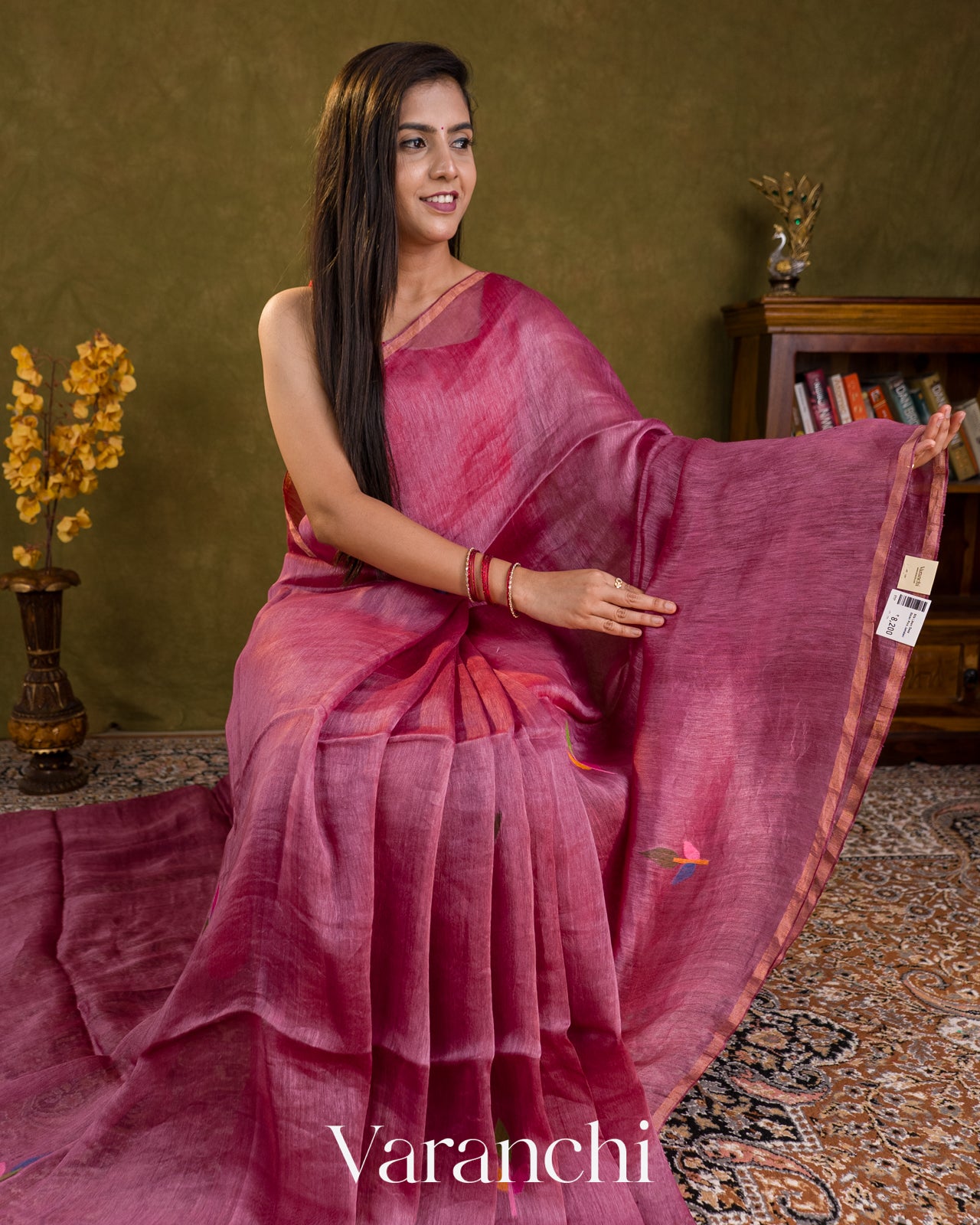 Deep Onion Pink Jamdani Pure Silk Linen Handloom Saree