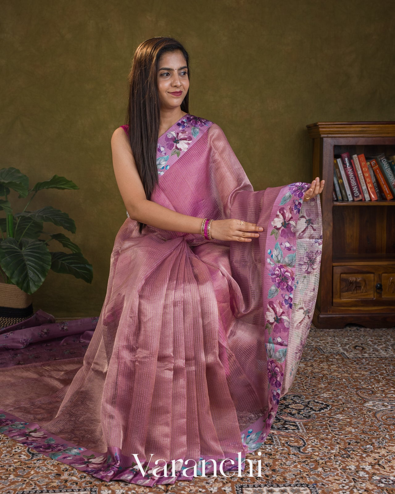 Lilac Floral Printed Pure Katan Silk Saree