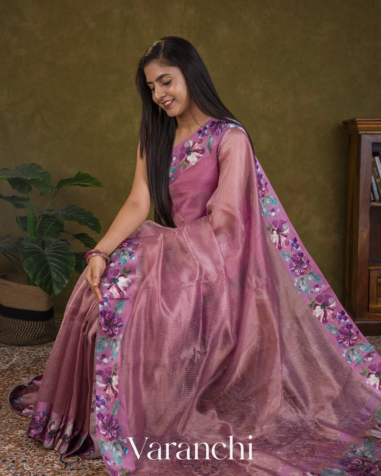 Lilac Floral Printed Pure Katan Silk Saree