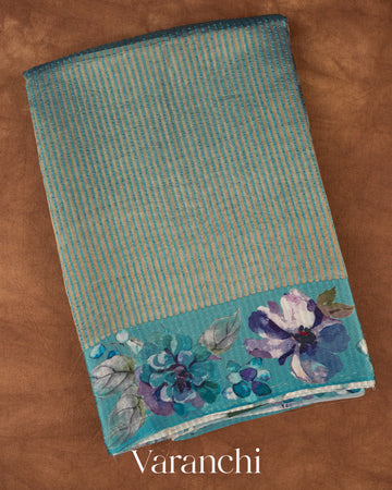 Sea Blue Striped Pure Katan Silk Handloom Saree
