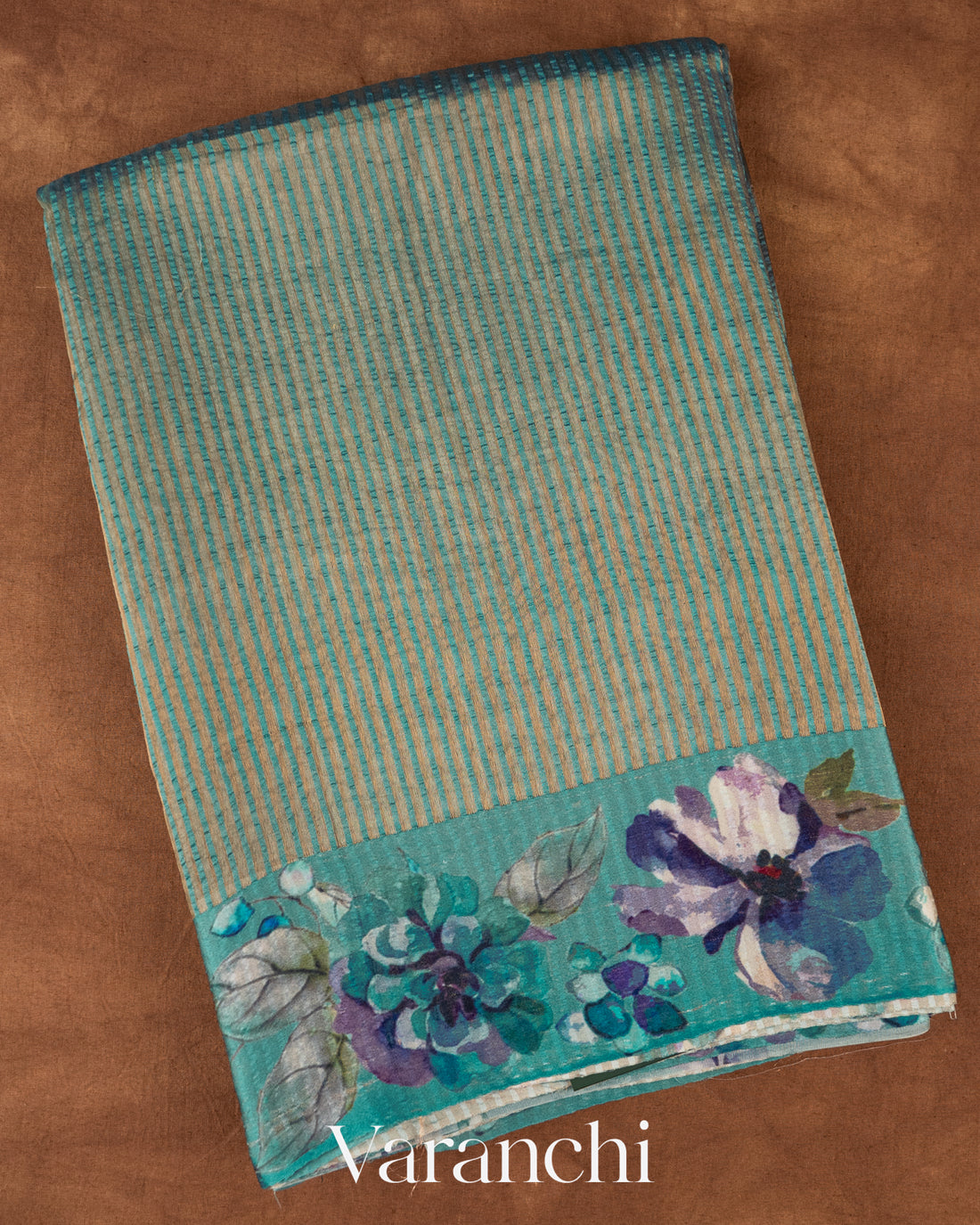 Sea Blue Floral Printed Pure Katan Silk Saree