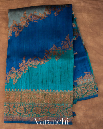 Blue Tricolour Rangkaat Pure Raw Silk Handloom Saree