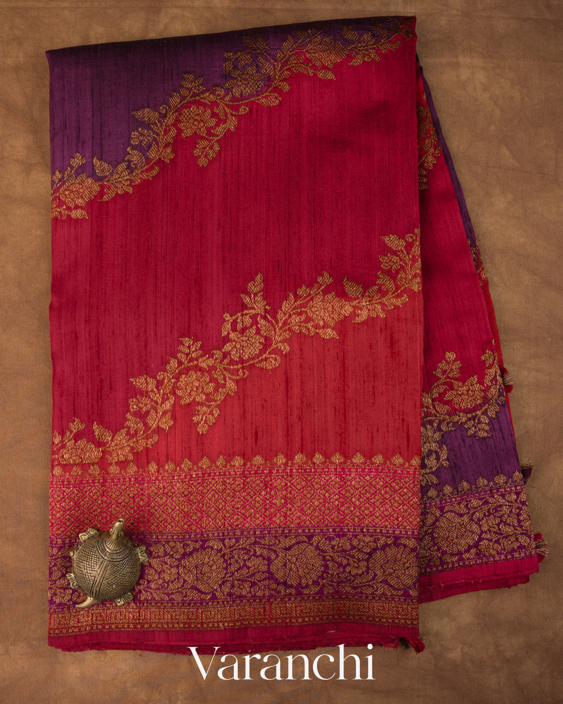 Deep Red Tricolour Rangkaat Pure Raw Silk Handloom Saree