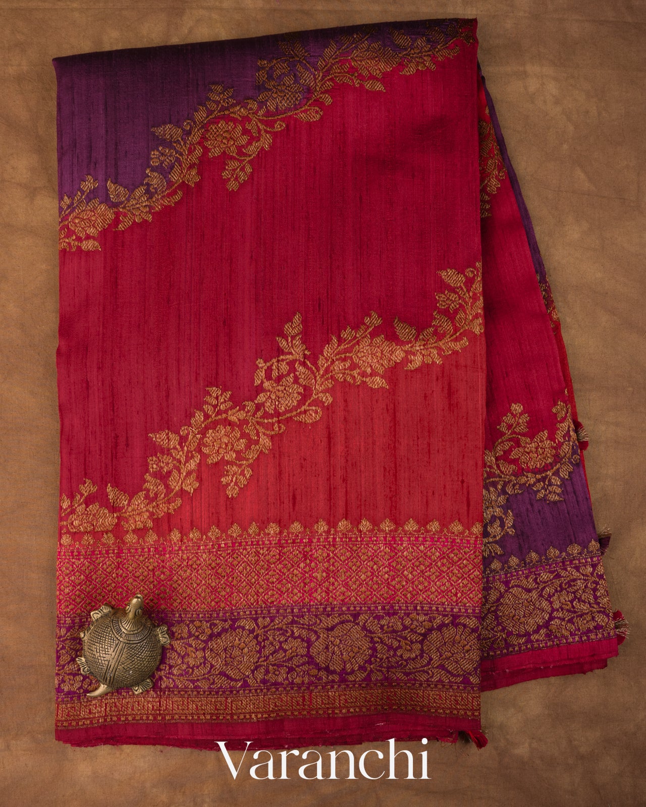 Deep Red Tricolour Rangkaat Pure Raw Silk Handloom Saree