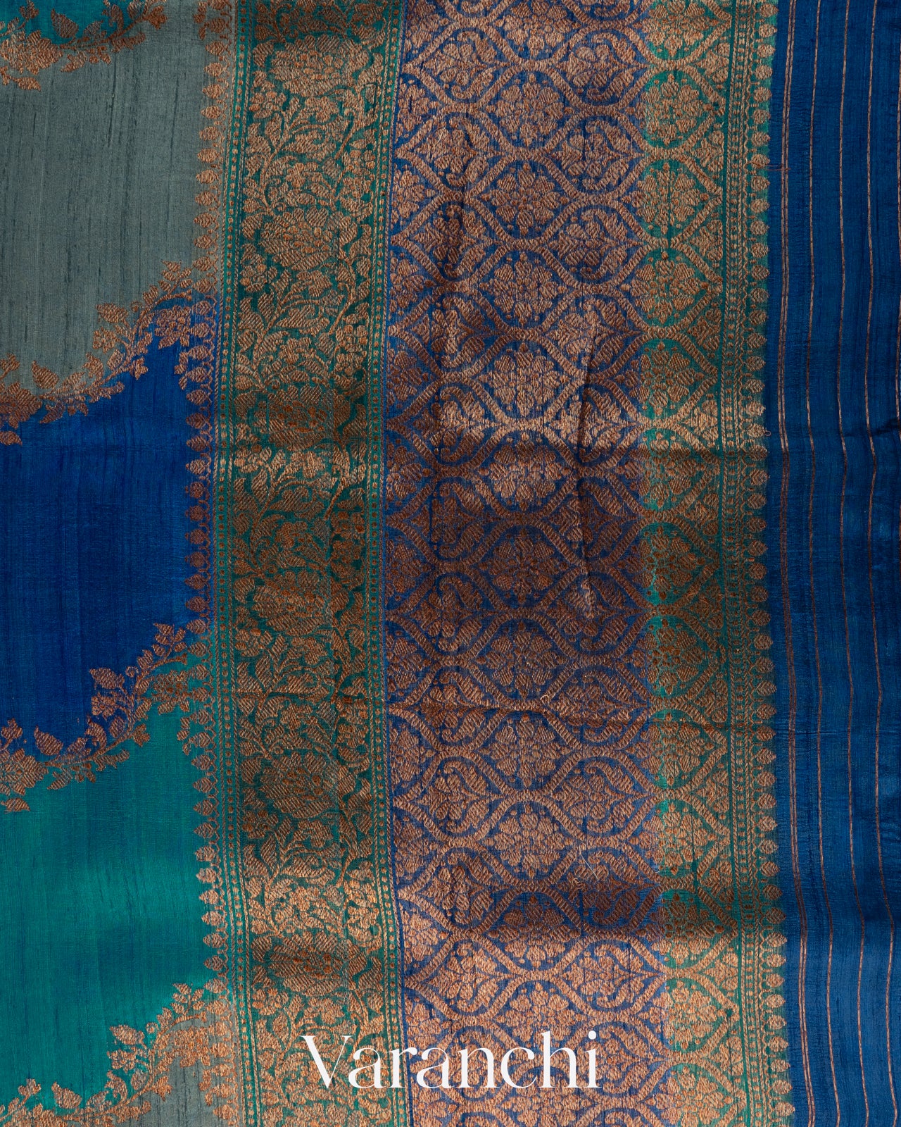 Blue Tricolour Rangkaat Pure Raw Silk Handloom Saree