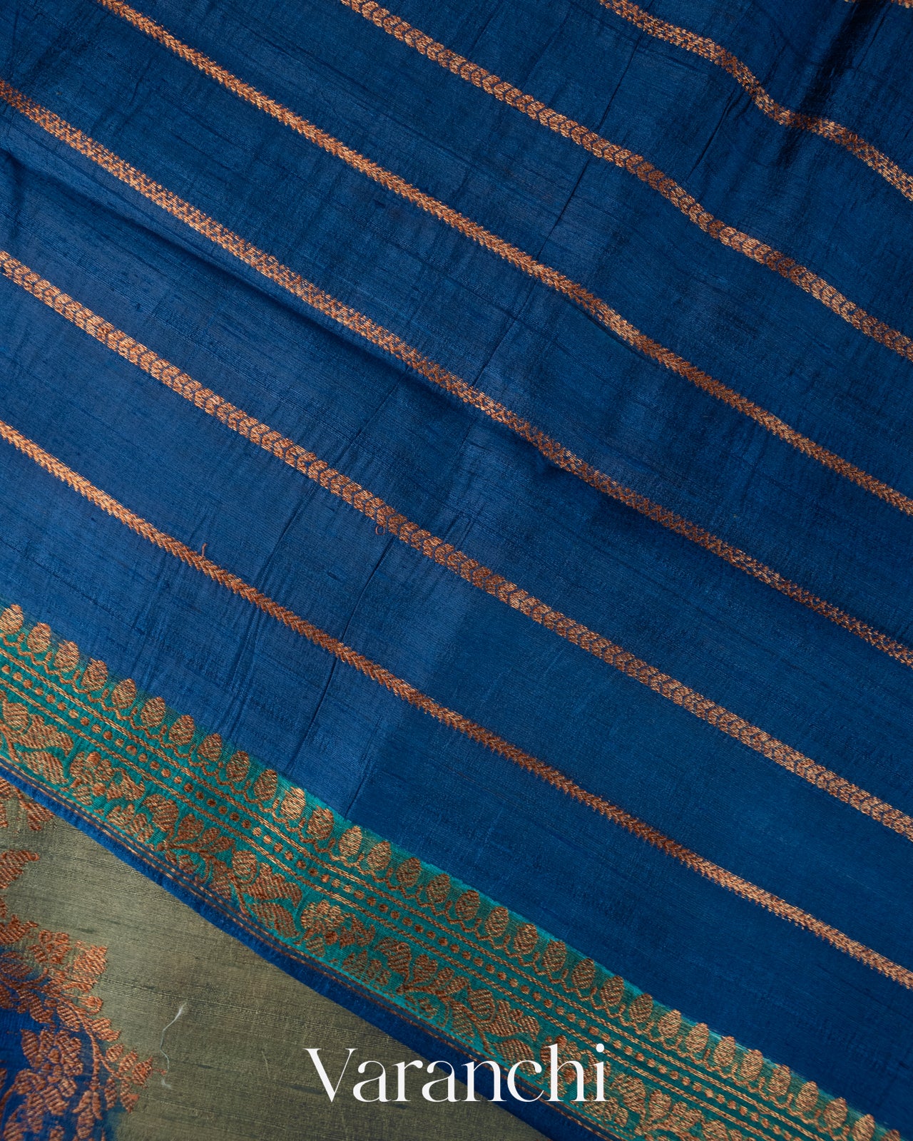 Blue Tricolour Rangkaat Pure Raw Silk Handloom Saree