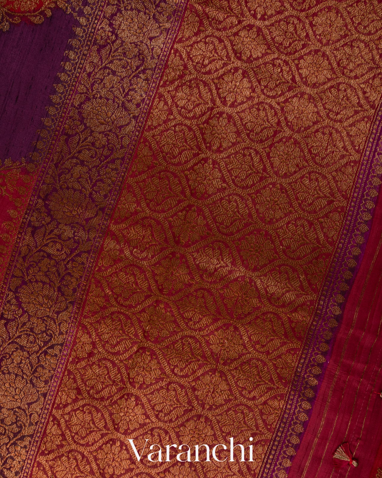 Deep Red Tricolour Rangkaat Pure Raw Silk Handloom Saree