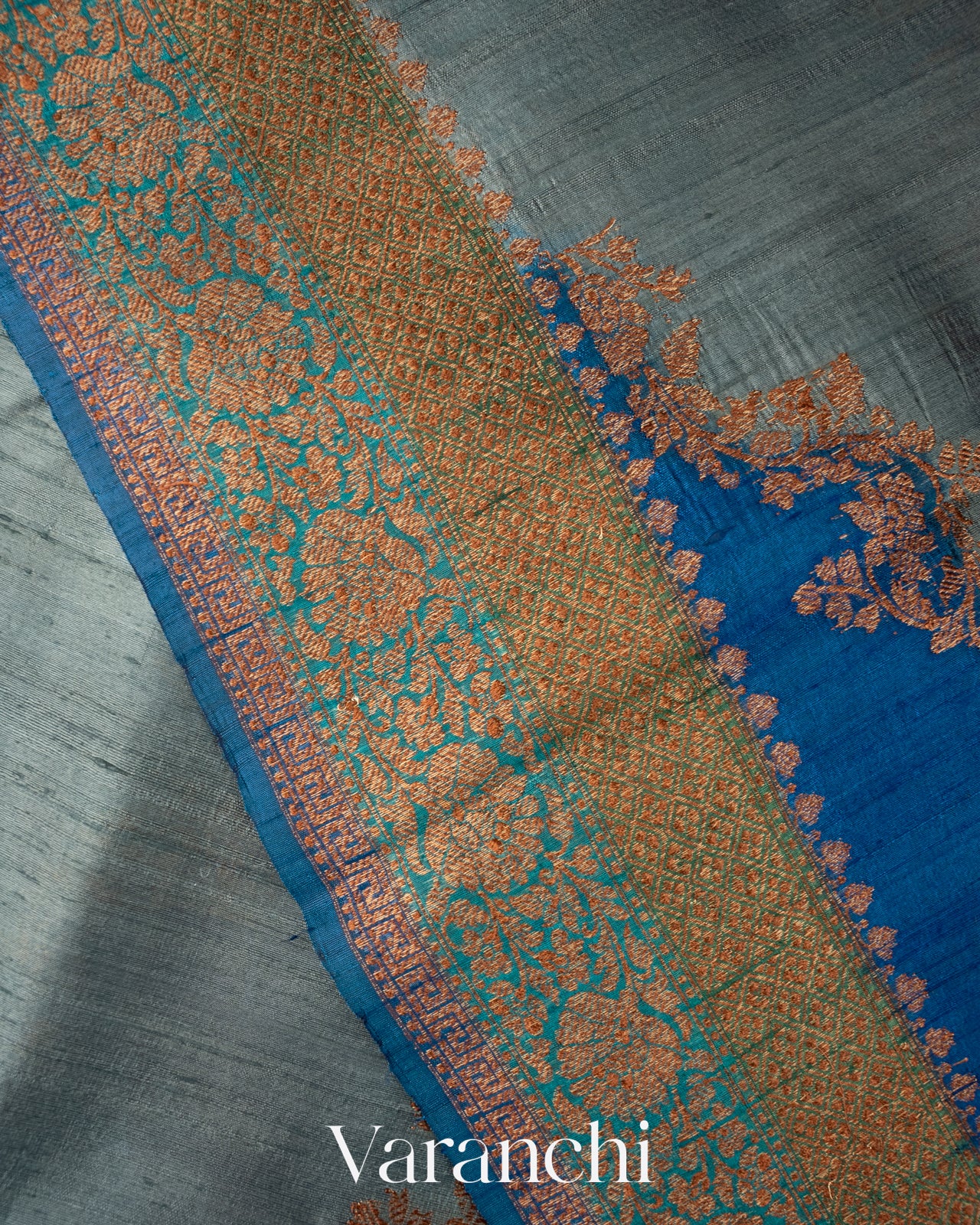 Blue Tricolour Rangkaat Pure Raw Silk Handloom Saree