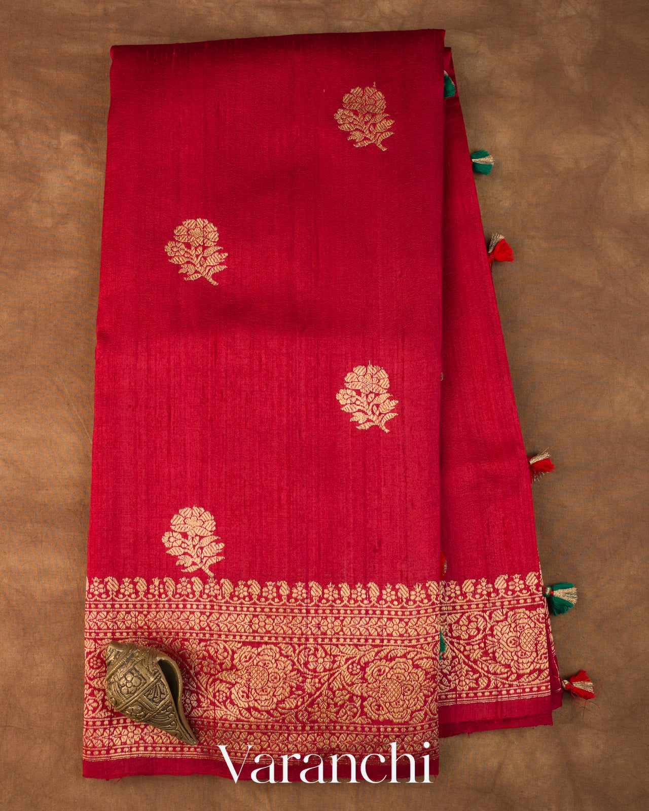 Crimson Red Pure Raw Silk Handloom Saree