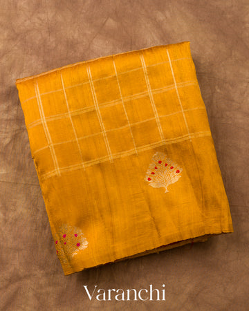 Mustard Yellow Checkered Pure Raw Silk Handloom Saree