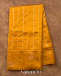 Mustard Yellow Checkered Pure Raw Silk Handloom Saree