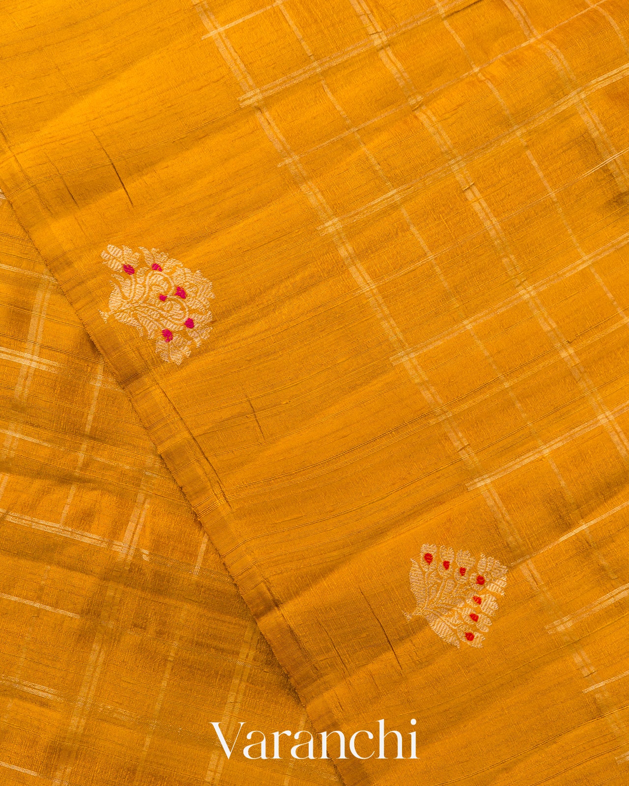 Mustard Yellow Checkered Pure Raw Silk Handloom Saree