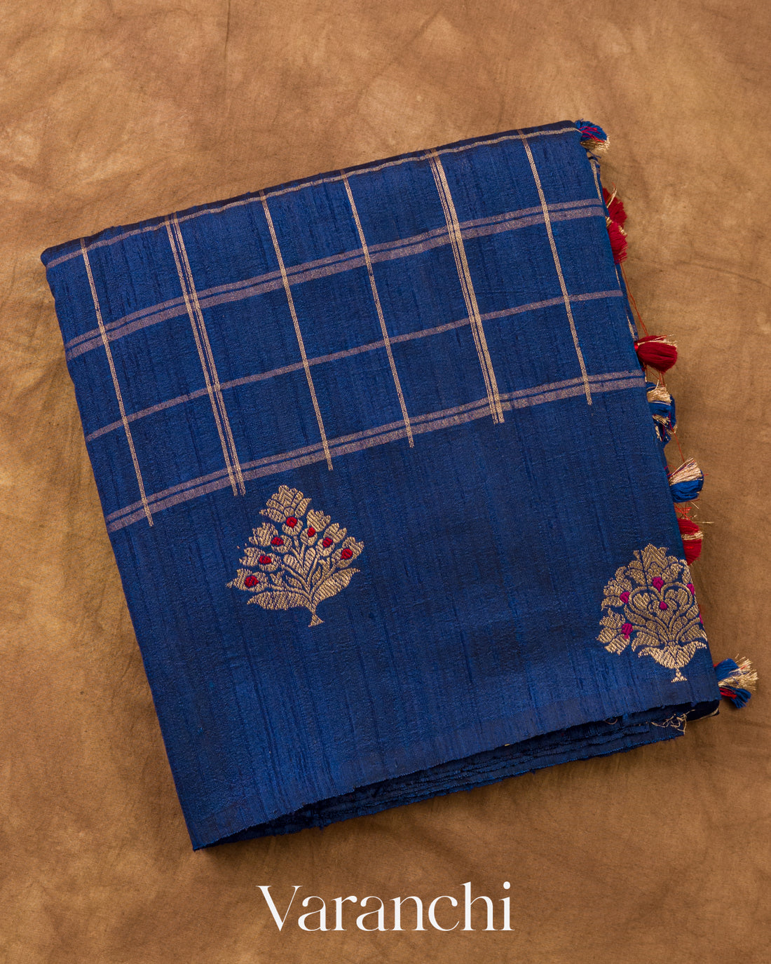 Royal Blue Checkered Pure Raw Silk Handloom Saree