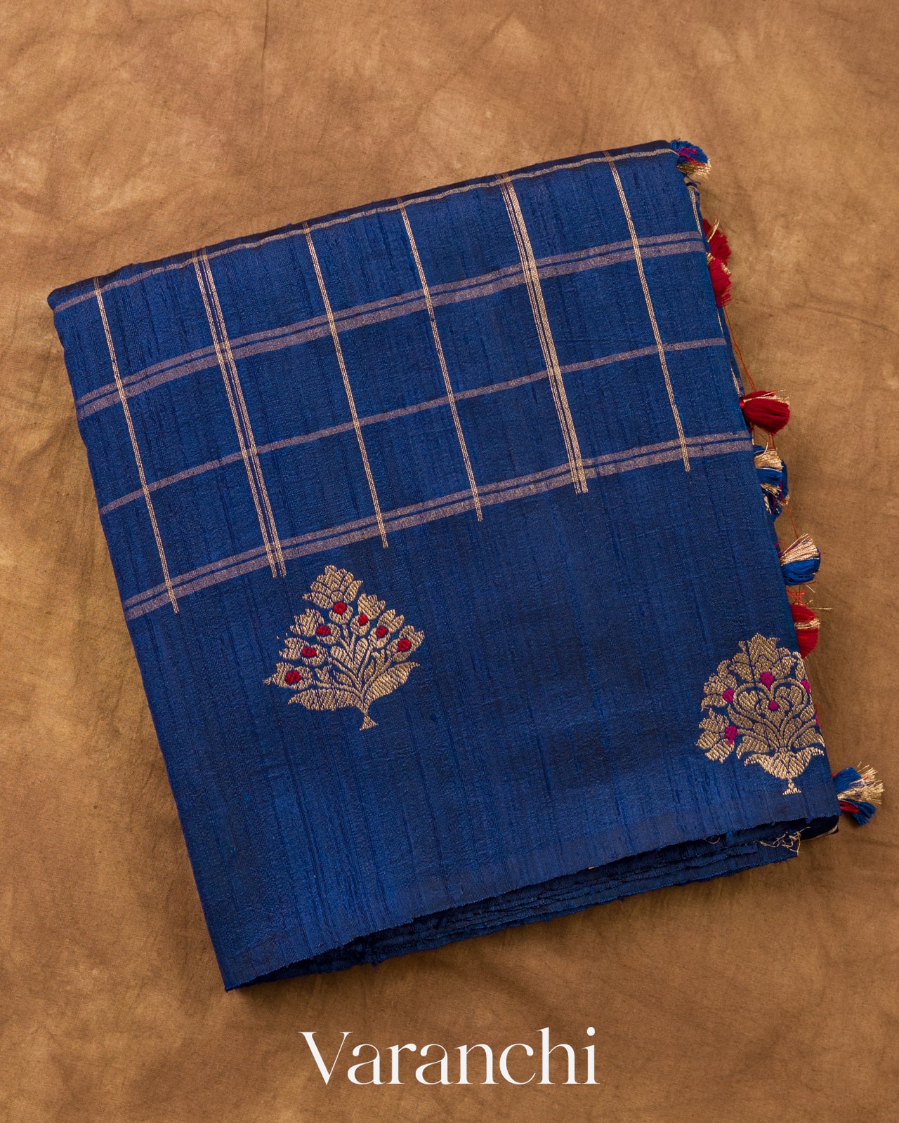 Royal Blue Checkered Pure Raw Silk Handloom Saree