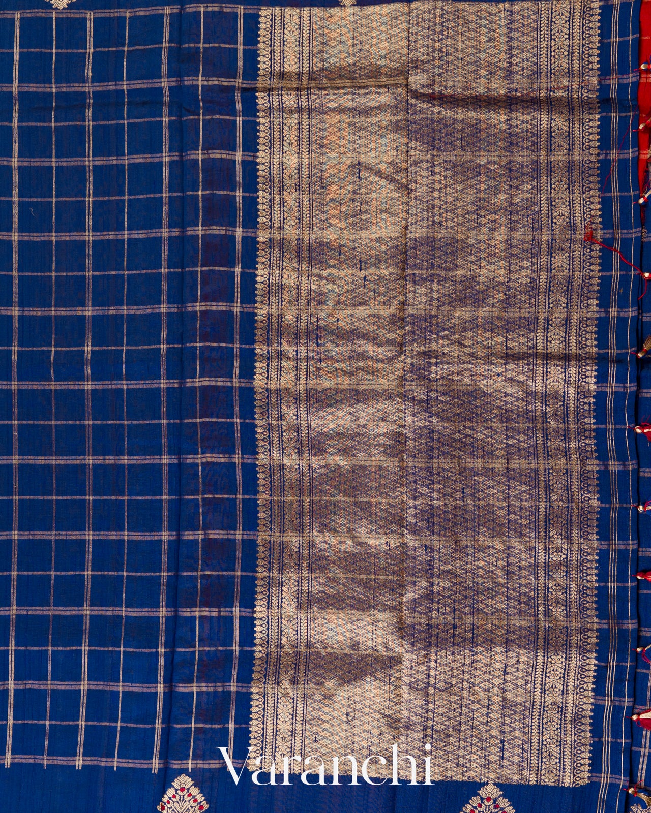 Royal Blue Checkered Pure Raw Silk Handloom Saree