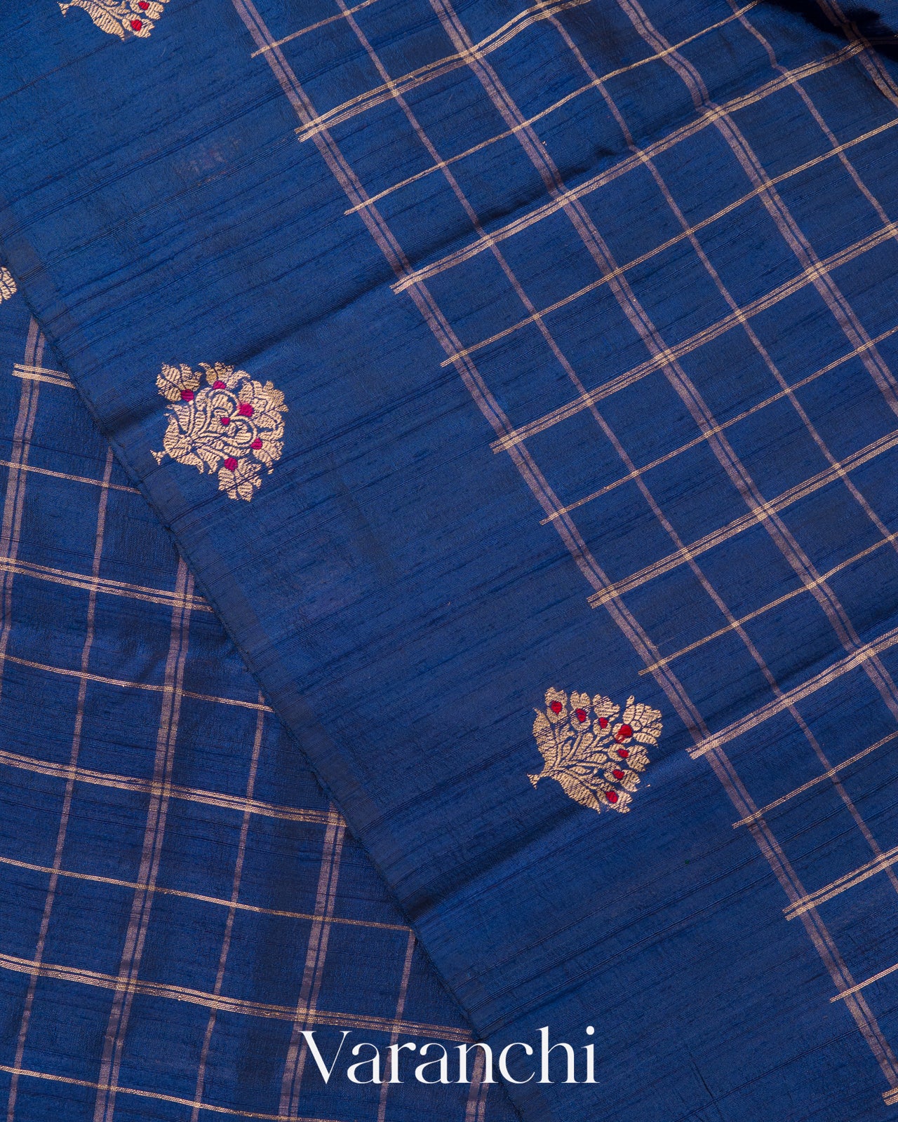 Royal Blue Checkered Pure Raw Silk Handloom Saree