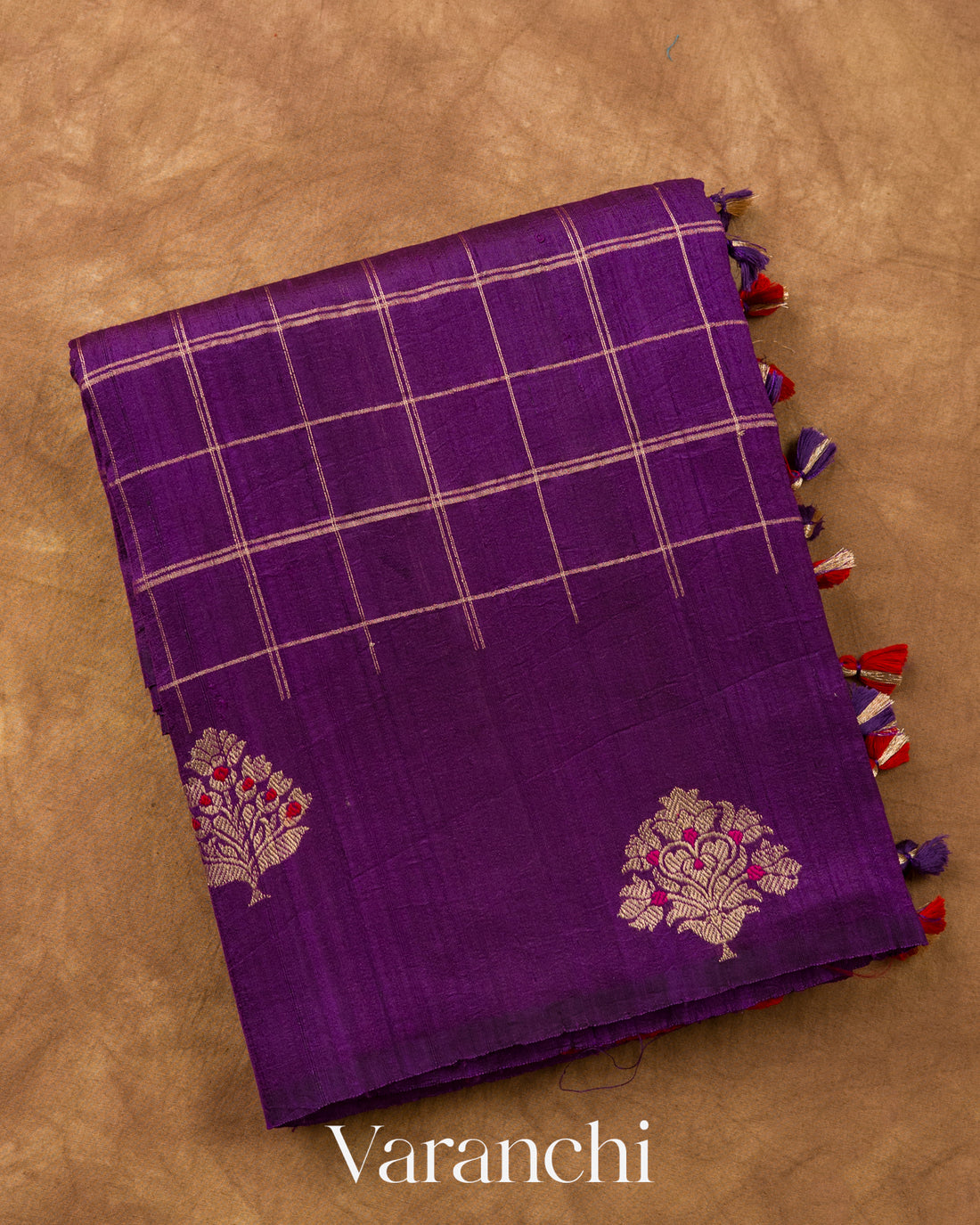 Violet Checkered Pure Raw Silk Handloom Saree