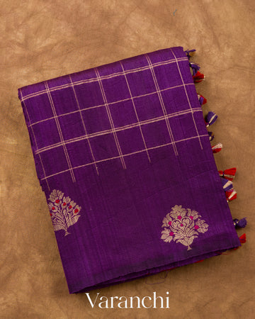 Violet Checkered Pure Raw Silk Handloom Saree