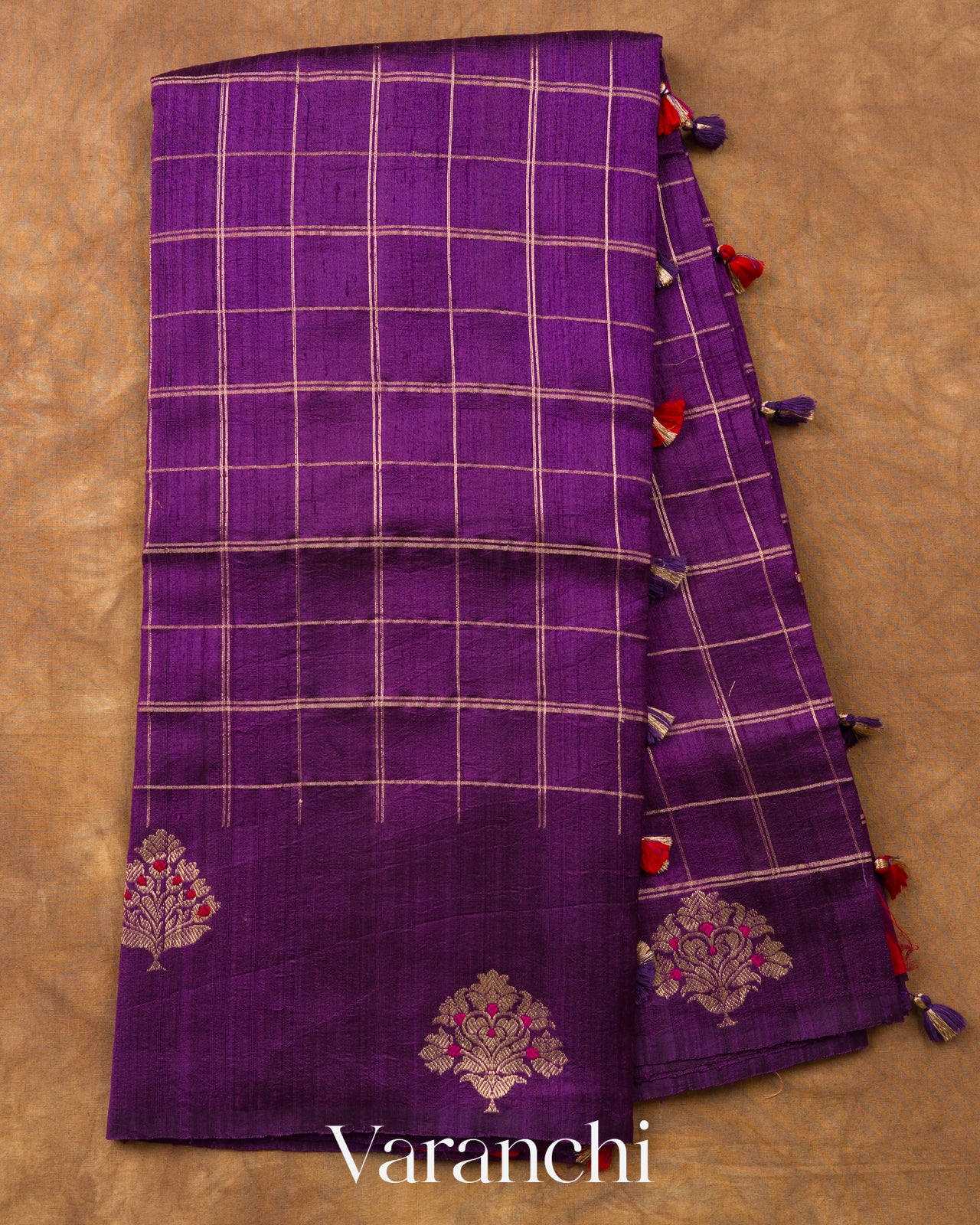 Violet Checkered Pure Raw Silk Handloom Saree