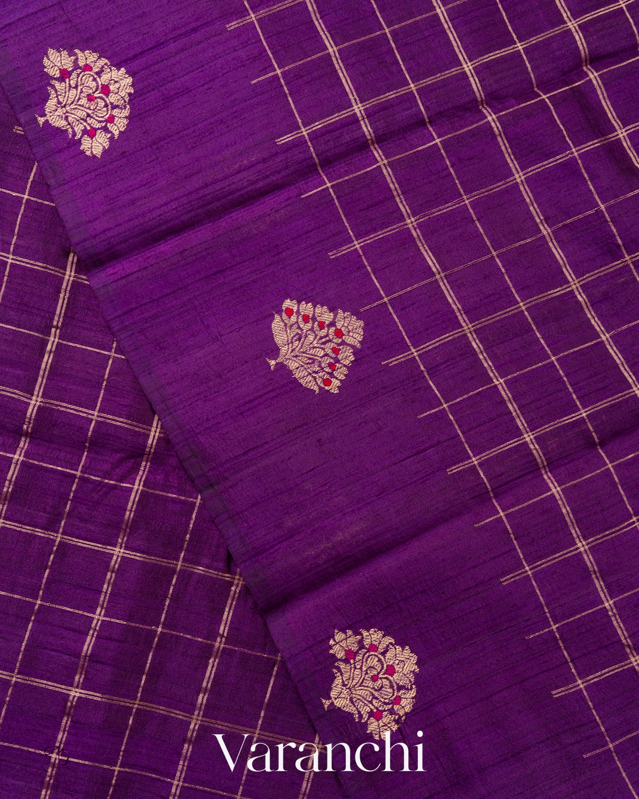 Violet Checkered Pure Raw Silk Handloom Saree