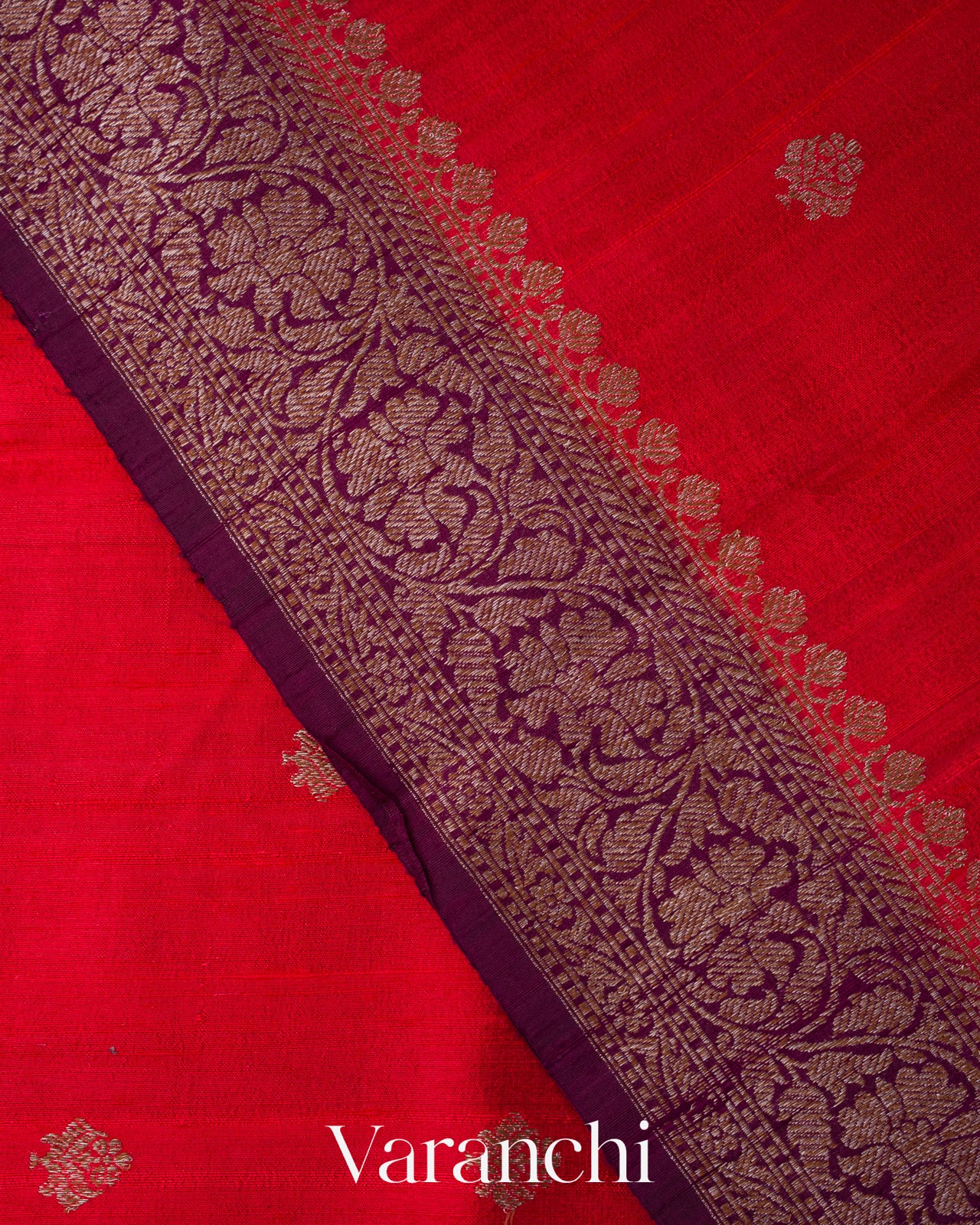 Crimson Red Pure Raw Silk Handloom Saree