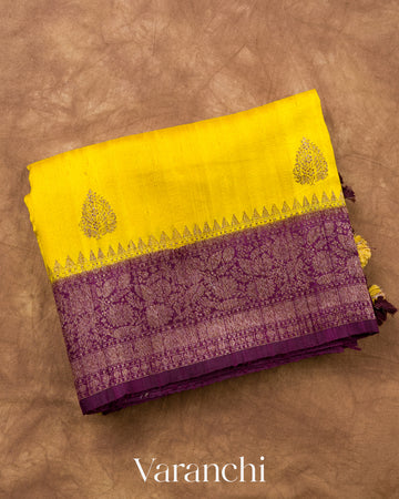 Lemon Yellow Pure Raw Silk Handloom Saree
