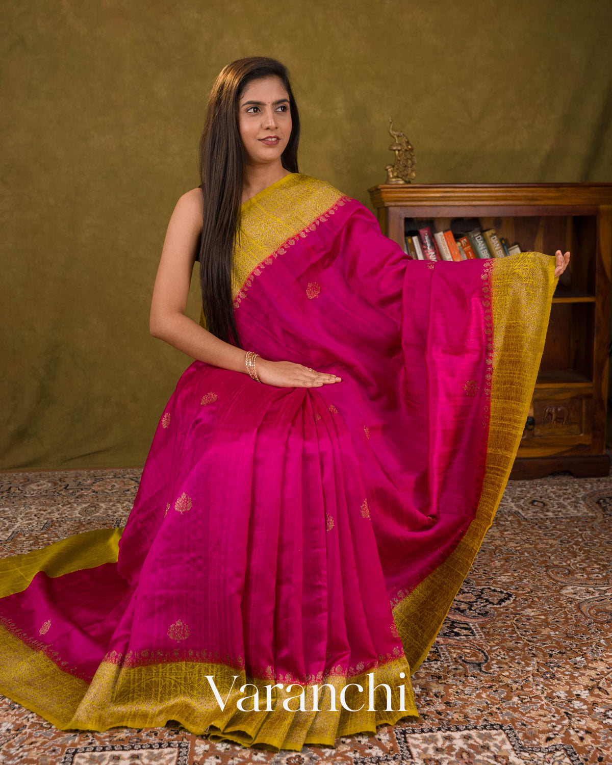 Rani Pink Pure Raw Silk Handloom Saree — Draped