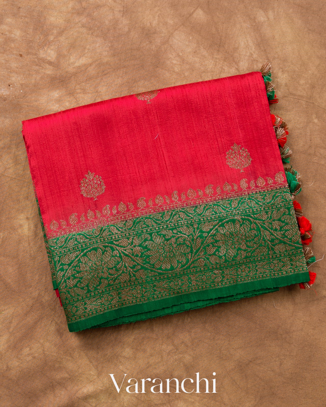 Coral Red Pure Raw Silk Handloom Saree