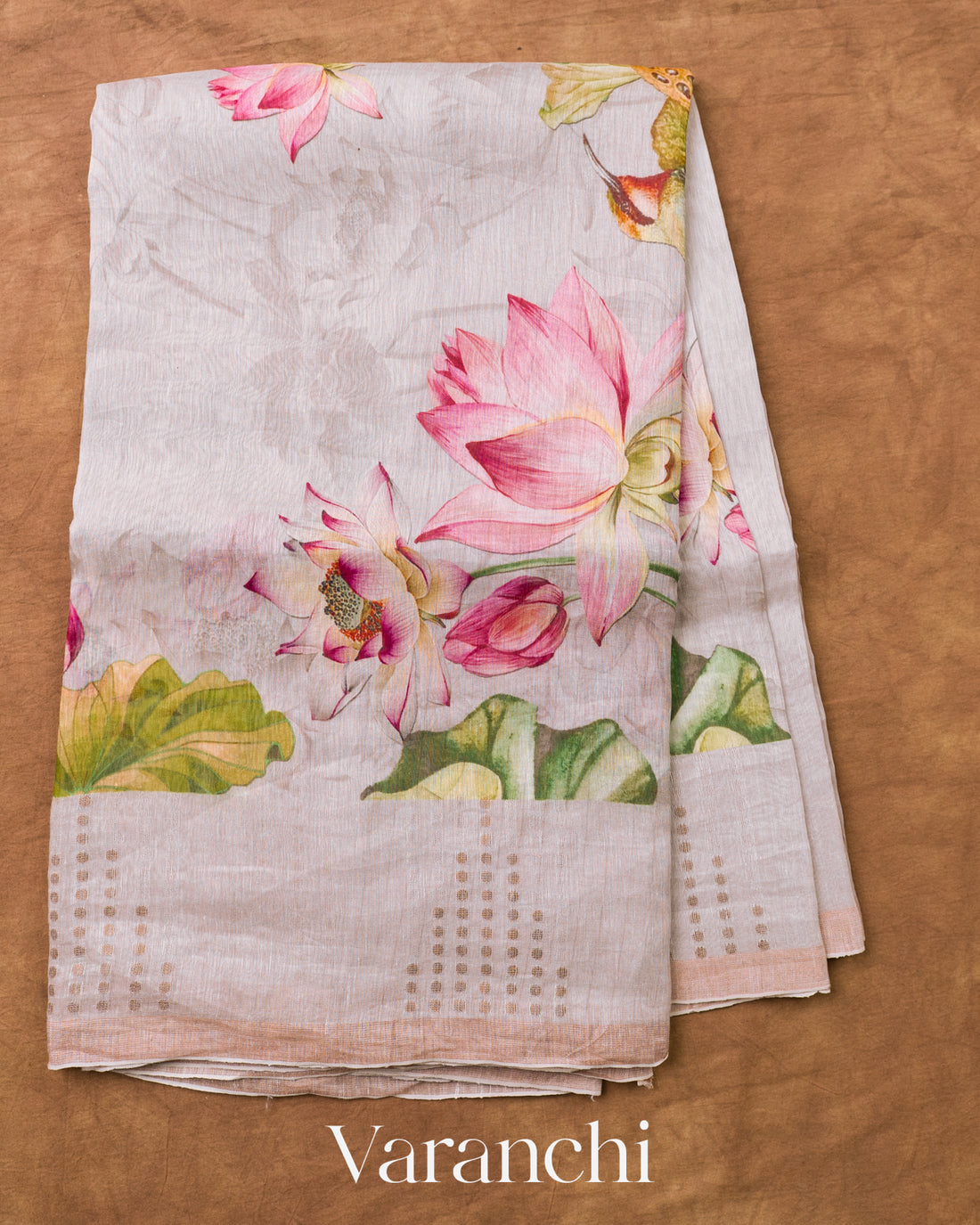 Soft White Digital Printed Pure Silk Linen Handloom Saree