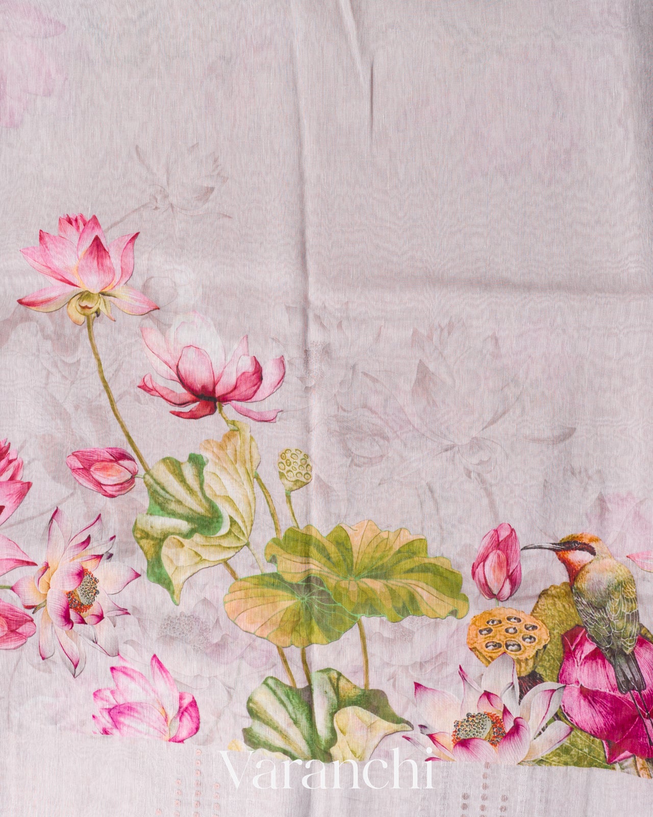 Soft White Digital Printed Pure Silk Linen Handloom Saree