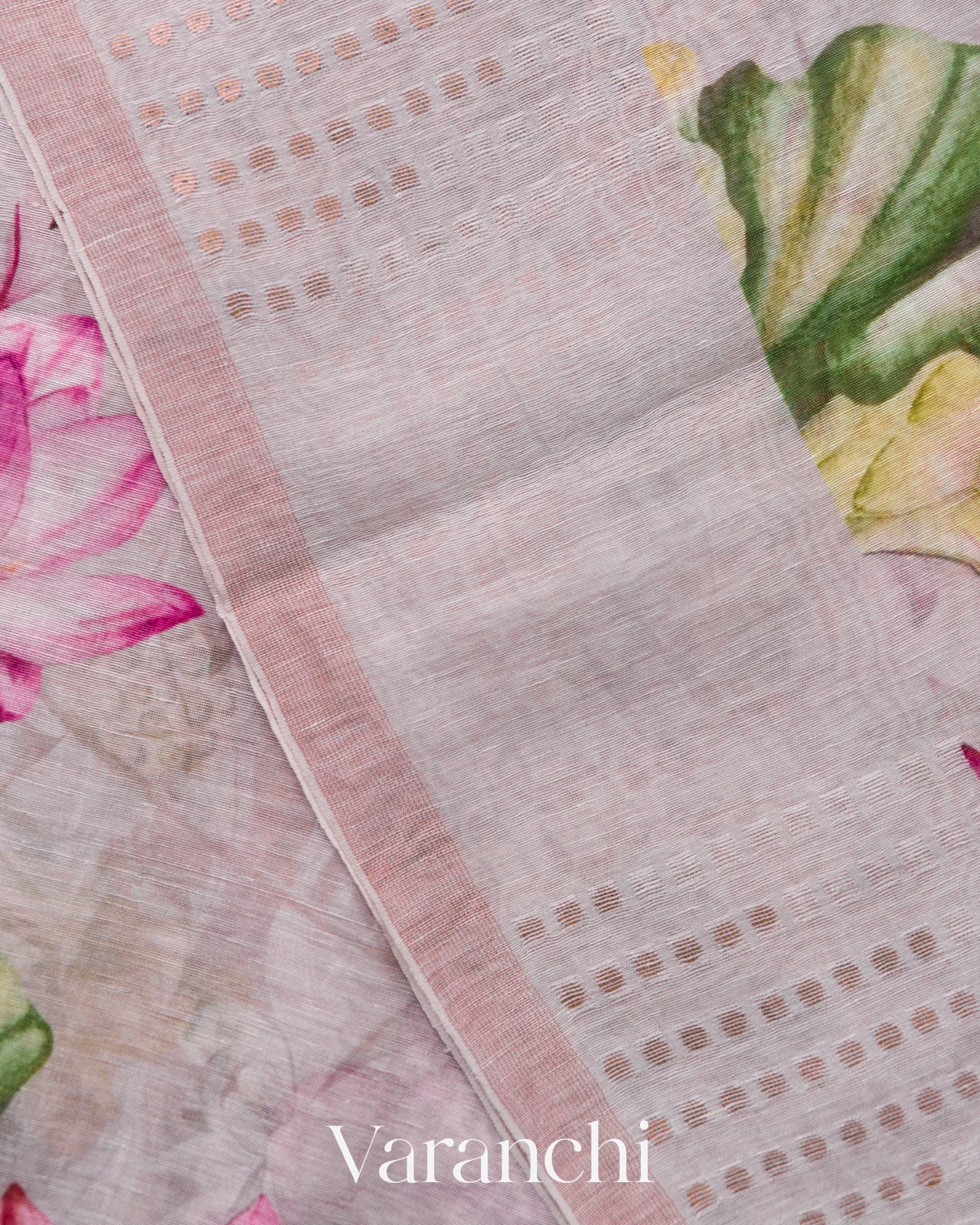 Soft White Digital Printed Pure Silk Linen Handloom Saree