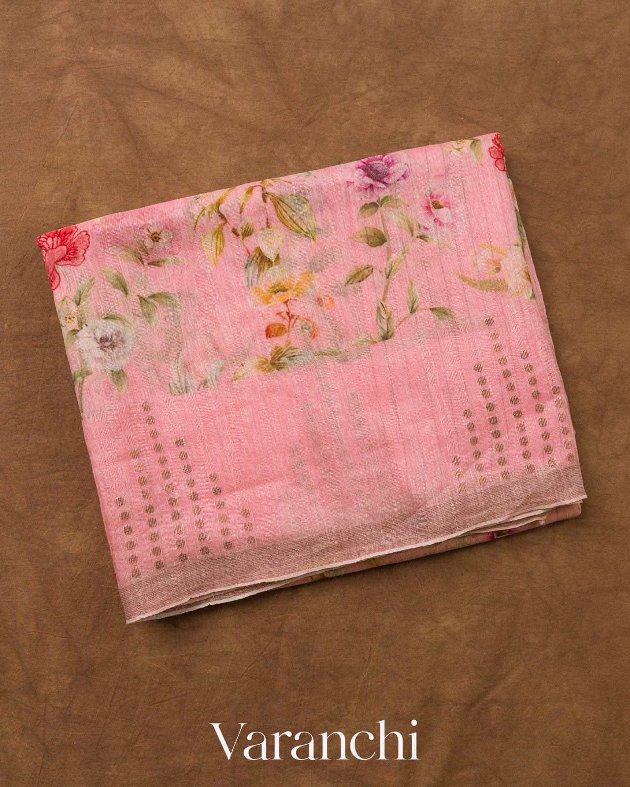 Blush Pink Floral Digital Printed Pure Silk Linen Handloom Saree