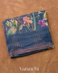 Denim Blue Floral Digital Printed Pure Silk Linen Handloom Saree