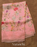 Blush Pink Floral Digital Printed Pure Silk Linen Handloom Saree