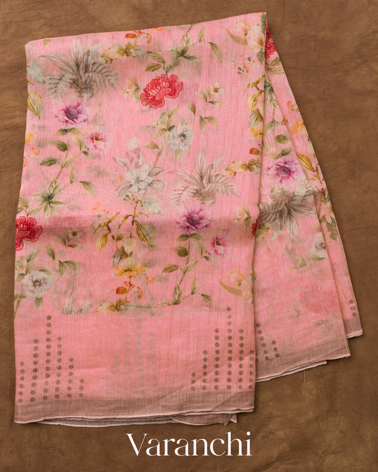 Blush Pink Floral Digital Printed Pure Silk Linen Handloom Saree