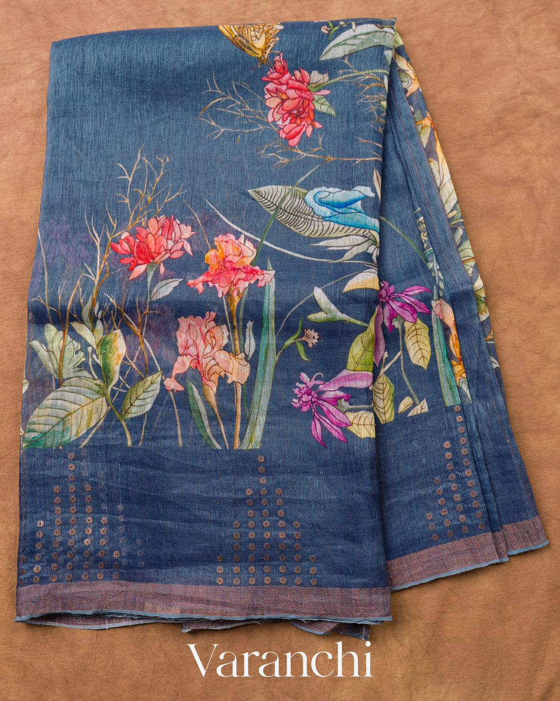 Denim Blue Floral Digital Printed Pure Silk Linen Handloom Saree